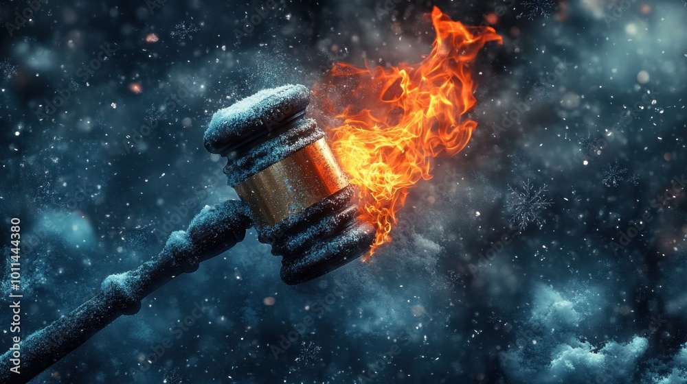 A burning gavel surrounded by icy snowflakes, the fiery contrast against the cold, snowy environment symbolizes justice in a harsh world
