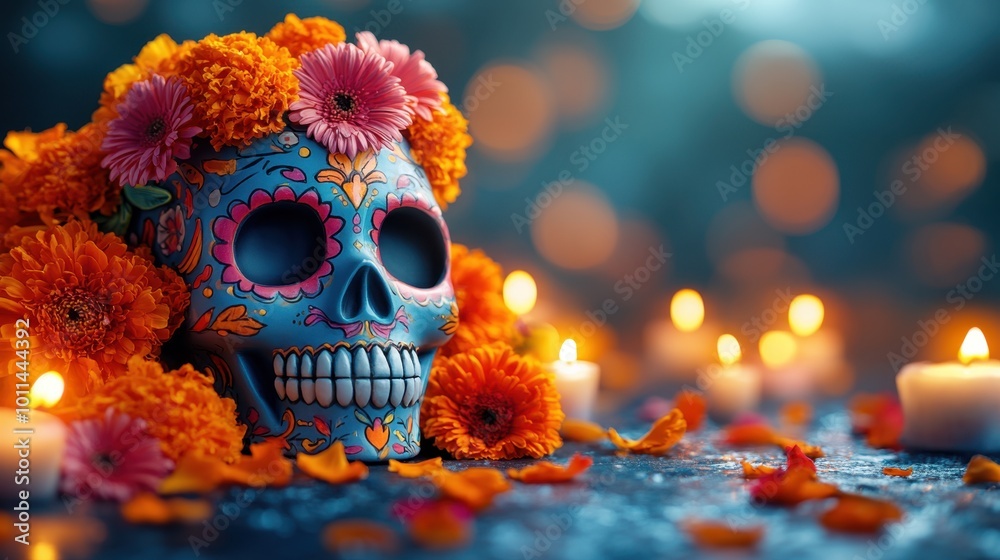 A close-up of a cartoon sugar skull, intricately decorated with bright colors and flowers, surrounded by candles and marigold petals on an altar A close-up of a cartoon sugar skull, intricately decorated with bright colors and flowers, surrounded by candles and marigold petals on an altar