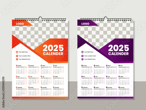 Vector single page colorful wall calendar design template. 2025 Calendar Template Design,. One page wall calendar design for 2025. Wall calendar vector for corporate.	 photo