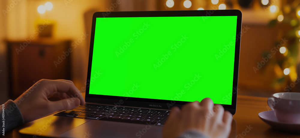 A photo of the screen on an open laptop with hands typing in English test, which is placed on top of a table, from a behindview. The photo is taken from above, in high resolution. there is a green chr A photo of the screen on an open laptop with hands typing in English test, which is placed on top of a table, from a behindview. The photo is taken from above, in high resolution. there is a green chr