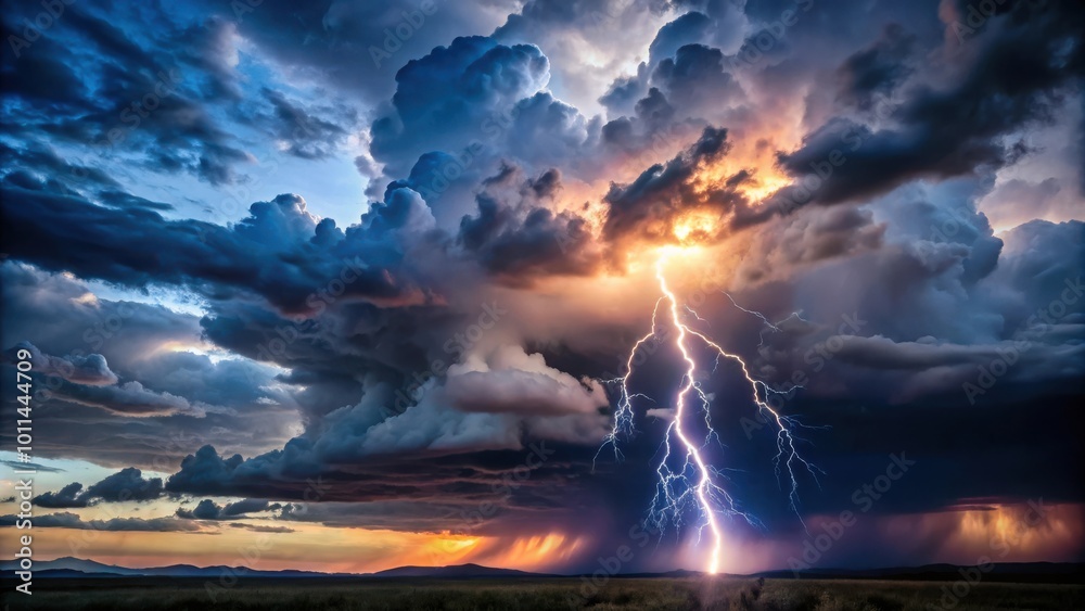 Fototapeta premium Dramatic sky with dark storm clouds and bright lightning bolt illuminating the night sky
