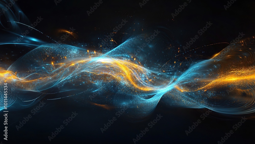 Fototapeta premium panorama of swirling light energy waves, with a dark background and glowing blue and yellow lights