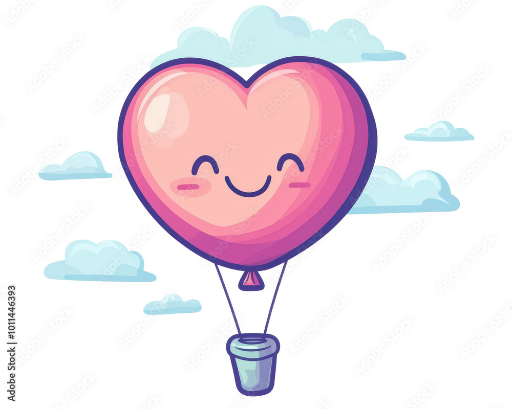 Heart-shaped hot air balloon with a smiling face, blue sky. Heart-shaped hot air balloon with a smiling face, blue sky.