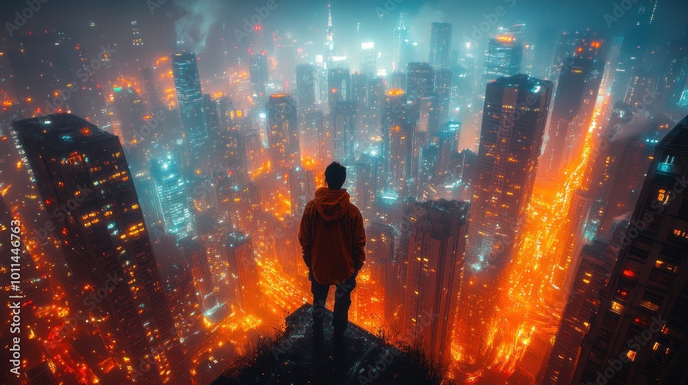 A lone figure overlooks a vibrant, futuristic cityscape at night. A lone figure overlooks a vibrant, futuristic cityscape at night.