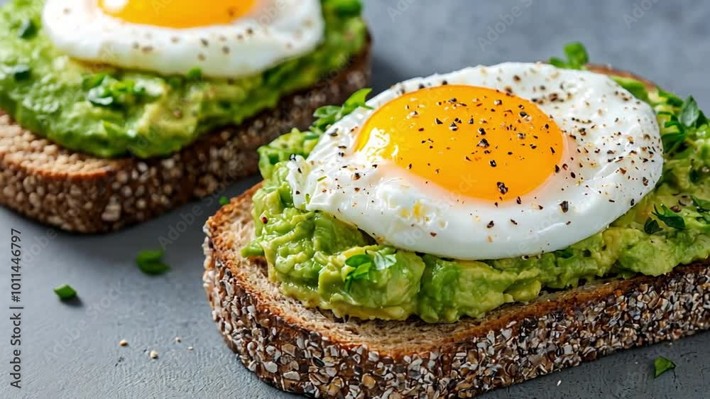 A slice of whole grain toast topped with mashed avocado and a poached egg, garnished with herbs. A slice of whole grain toast topped with mashed avocado and a poached egg, garnished with herbs.