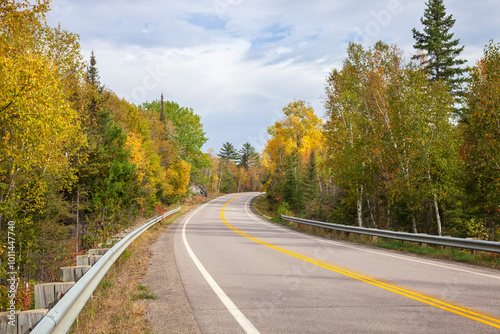 Curving road among trees in autumn color near Ely Minnesota on a bright afternoon photo