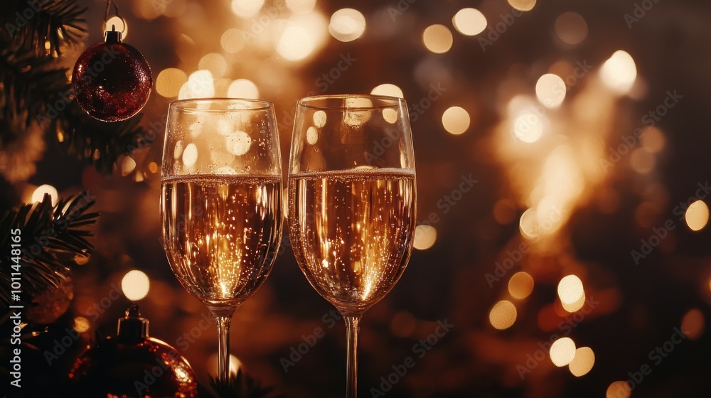 A New Year's Eve background with fireworks lighting up the sky and champagne glasses clinking A New Year's Eve background with fireworks lighting up the sky and champagne glasses clinking