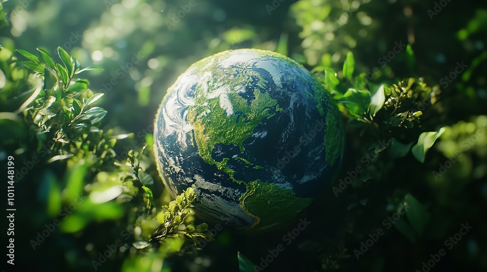 Eco-friendly planet Earth with lush green foliage and renewable energy elements Eco-friendly planet Earth with lush green foliage and renewable energy elements