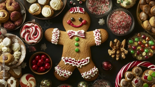 A table full of food with a gingerbread man on it