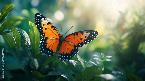 Beautiful orange butterfly basking in warm sunlit garden flowers