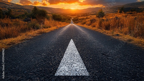 an asphalt road stretches into the distance with painted white arrow pointing forward symbolizing motivation progress ,the concept of continuous growth ,forward movement