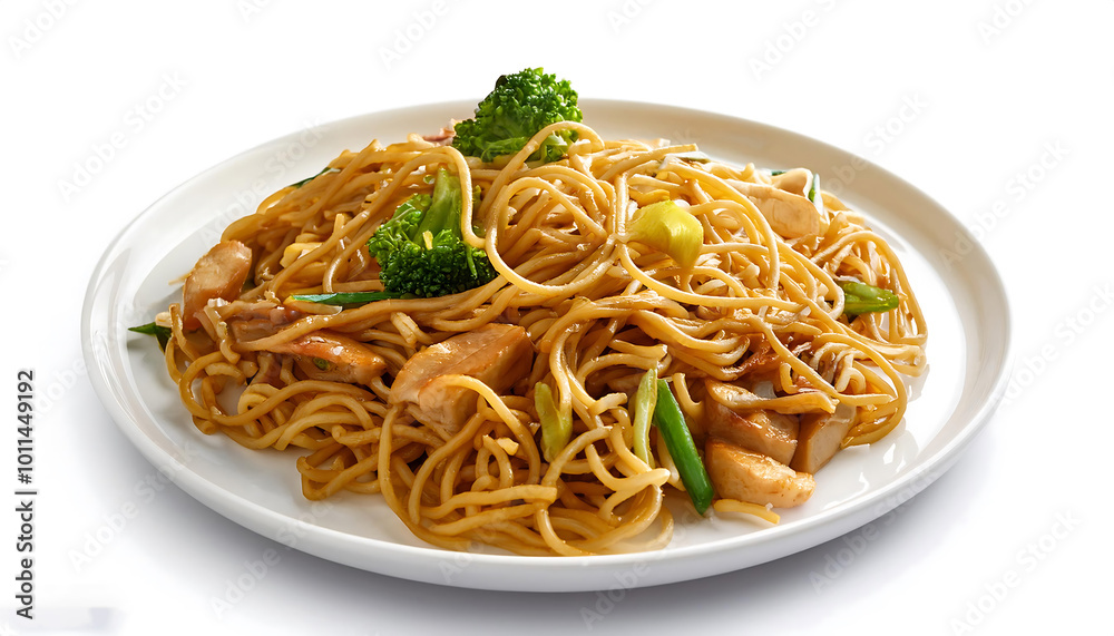 Japanese street food. Yakisoba on white plate isolated Japanese street food. Yakisoba on white plate isolated