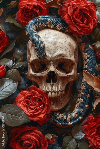 A snake elegantly coils around a skull surrounded by lush red roses, symbolizing life and death in a vivid still life. photo