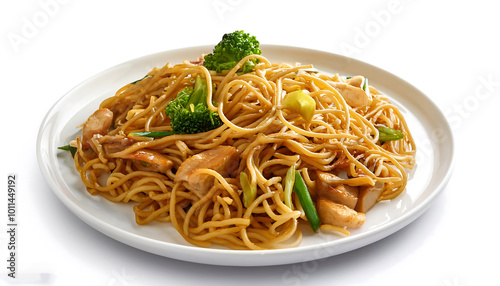 Japanese street food. Yakisoba on white plate isolated