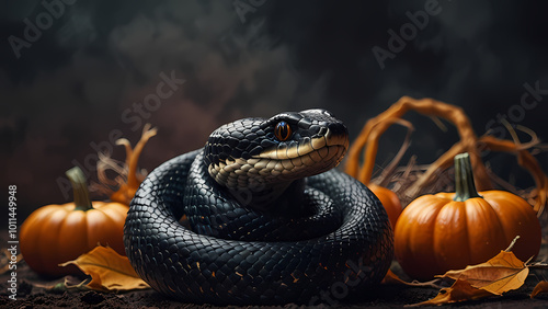 a snake dressed in Halloween-themed accessories