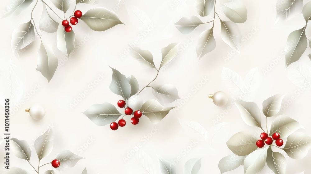 Delicate holly pattern with watercolor-style leaves and soft red berries, creating a festive yet subtle design. Delicate holly pattern with watercolor-style leaves and soft red berries, creating a festive yet subtle design.