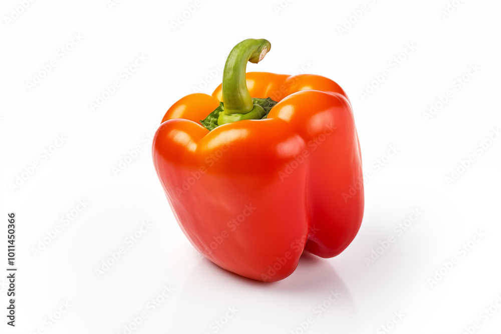 A single red bell pepper with smooth, shiny skin placed on a pristine white background. The lighting creates a soft shadow beneath the pepper, highlighting its vibrant color and natural texture. A single red bell pepper with smooth, shiny skin placed on a pristine white background. The lighting creates a soft shadow beneath the pepper, highlighting its vibrant color and natural texture.
