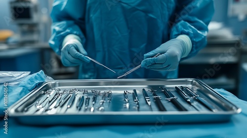 A surgical nurse preparing instruments and supplies on a tray, with focus on meticulous organization in the operating room photo