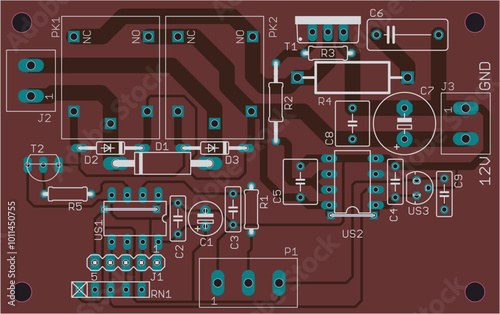 Vector printed circuit board of electronic 
device with components of radio elements, 
conductors and contact pads placed on pcb. 
Engineering computer technic drawing with grid.