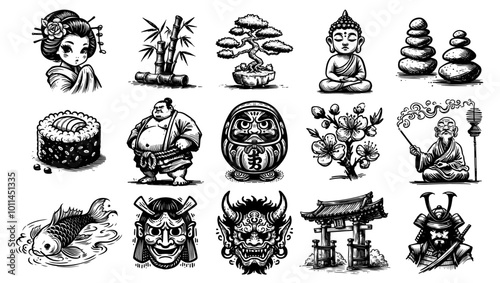 black and white set of sumo wrestler bamboo bonsai buddha flowers vector asia china 