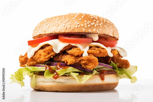 crispy zinger burger with golden fried chicken, fresh lettuce, juicy tomatoes, and melted cheese, all sandwiched between a soft sesame seed bun on a clean white background.