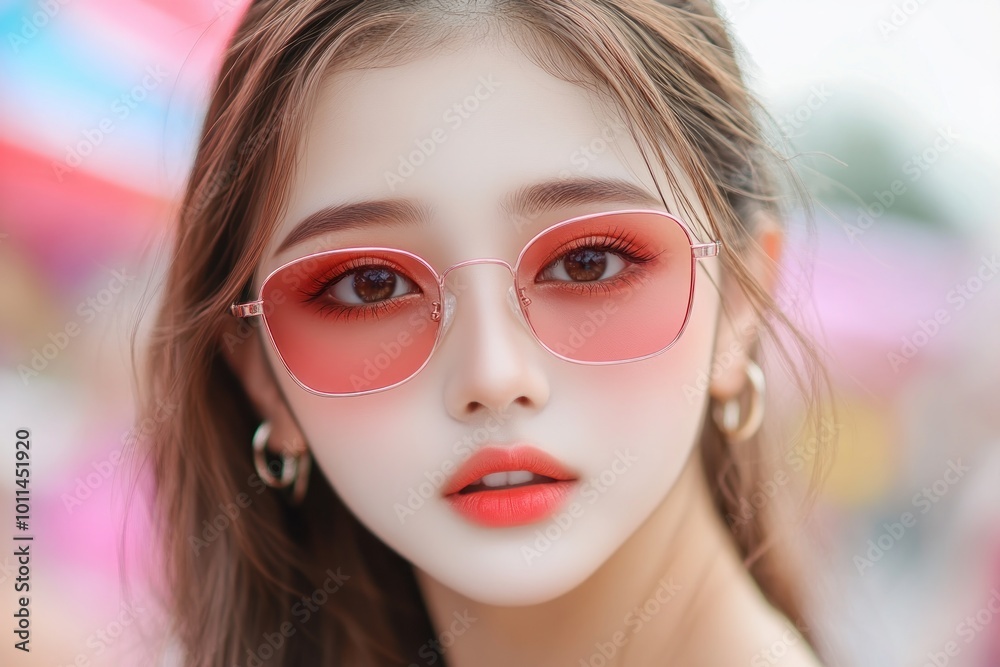 Fashionable Woman in Red-Tinted Sunglasses Shopping at a Bustling Outdoor Market, A Stylish Look for Summer Fashionable Woman in Red-Tinted Sunglasses Shopping at a Bustling Outdoor Market, A Stylish Look for Summer