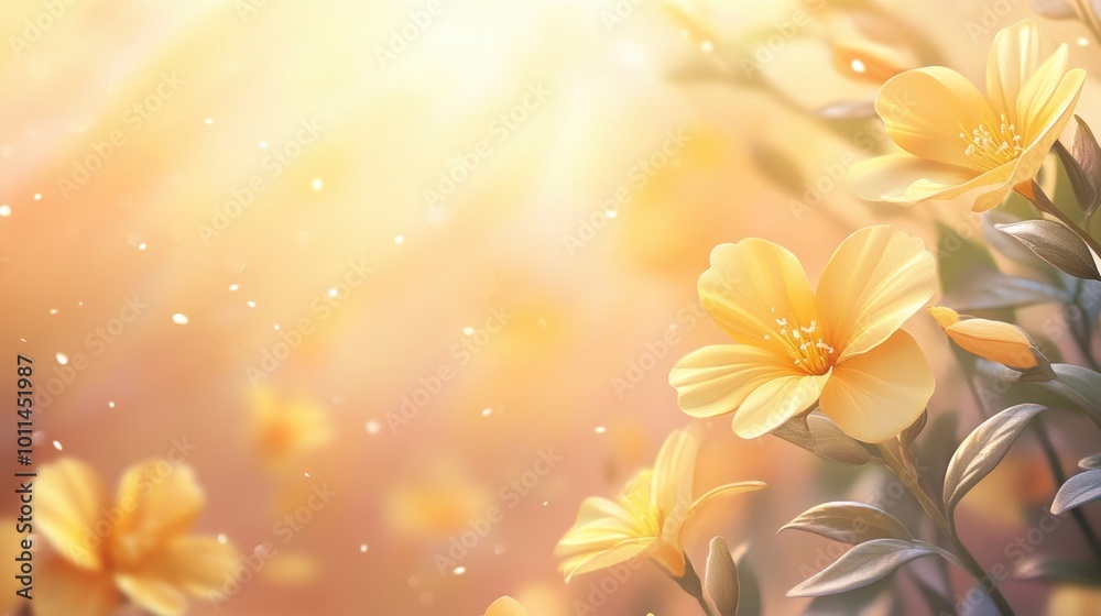Fototapeta premium Abstract nature background with spring yellow flowers, glowing in the soft morning light, symbolizing hope, renewal, and March 8th celebrations