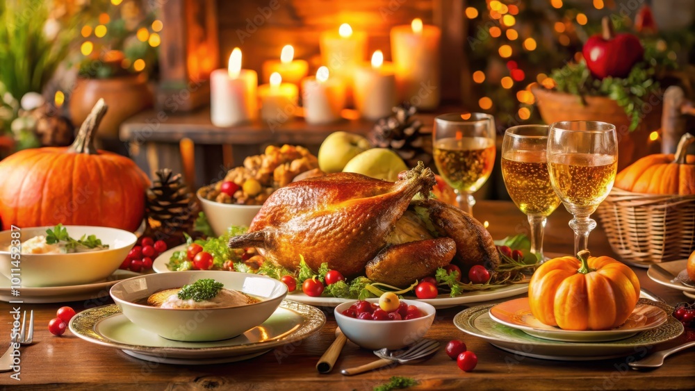 Fototapeta premium A Festive Table Setting with Roasted Turkey, Pumpkin, and Wine Glasses, Ready for a Delicious Thanksgiving Meal
