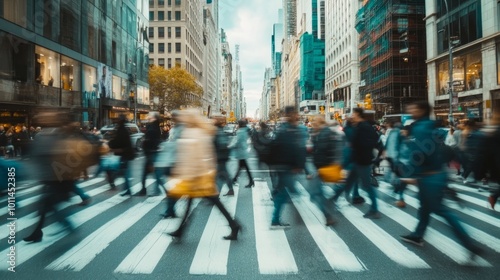 A busy street scene capturing people in motion as they walk across a zebra crossing, creating a sense of urban lifestyle, hustle, and the fast pace of city life