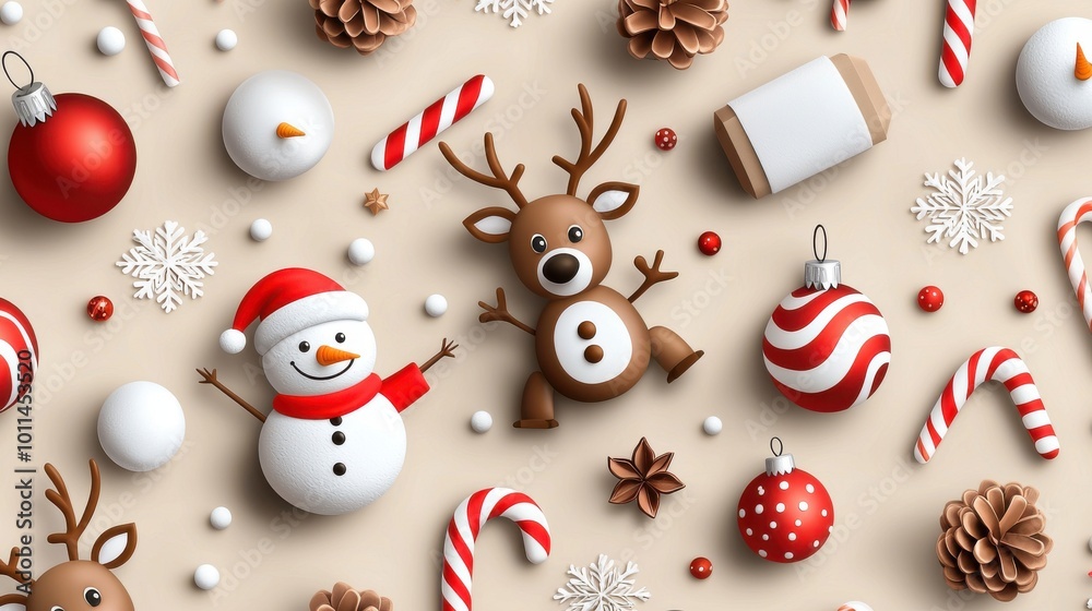 Holiday pattern with cheerful cartoon elements like reindeer, snowmen, and candy canes in a fun, playful layout. Holiday pattern with cheerful cartoon elements like reindeer, snowmen, and candy canes in a fun, playful layout.