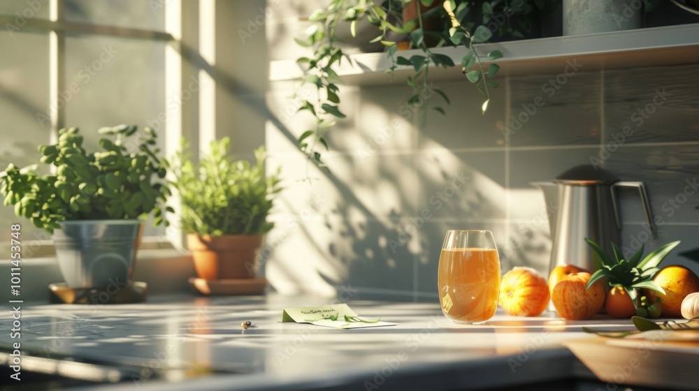 Bright Kitchen Scene with Fresh Oranges and Juice in Natural Light Bright Kitchen Scene with Fresh Oranges and Juice in Natural Light