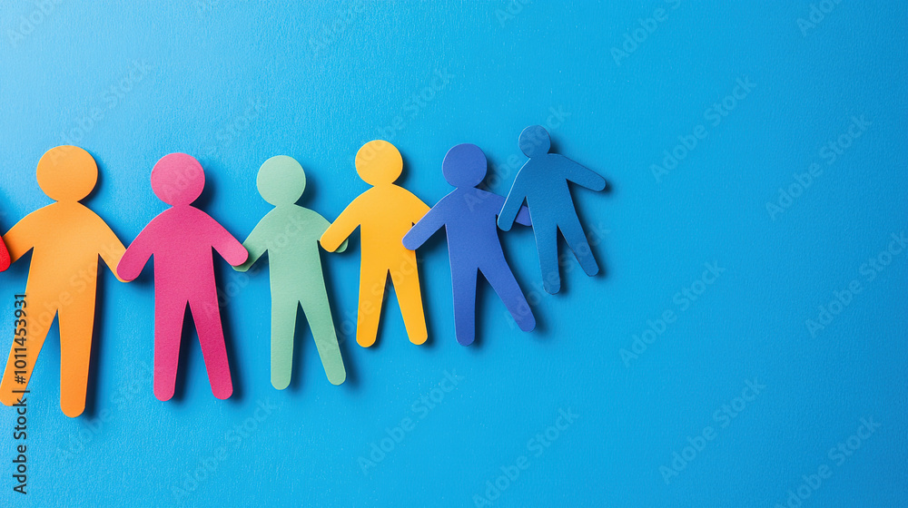 Colorful paper people standing in a row holding hand. Background wallpaper for International Children Day, advertisement, poster, campaign/ Colorful paper people standing in a row holding hand. Background wallpaper for International Children Day, advertisement, poster, campaign/