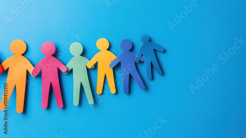 Colorful paper people standing in a row holding hand. Background wallpaper for International Children Day, advertisement, poster, campaign/