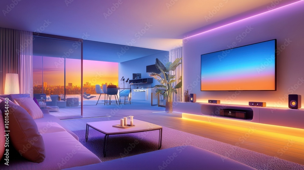 Living room with a TV and sound system, modern seating, and ambient lighting, creating a perfect space for watching sports or movies. Living room with a TV and sound system, modern seating, and ambient lighting, creating a perfect space for watching sports or movies.
