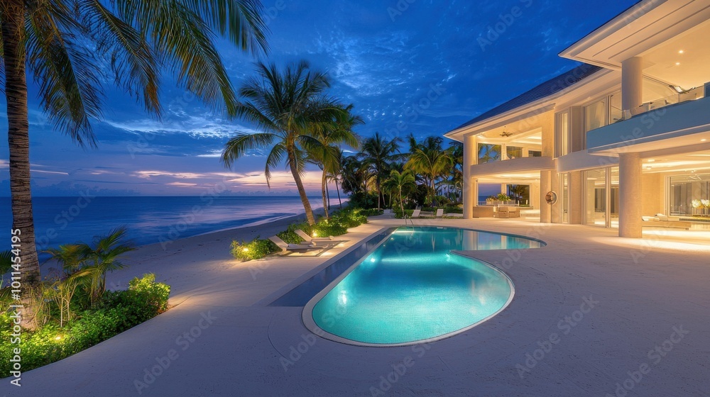 Fototapeta premium Luxurious beachfront mansion with palm-lined gardens, an infinity pool, and direct access to the sandy shore, offering stunning ocean views.
