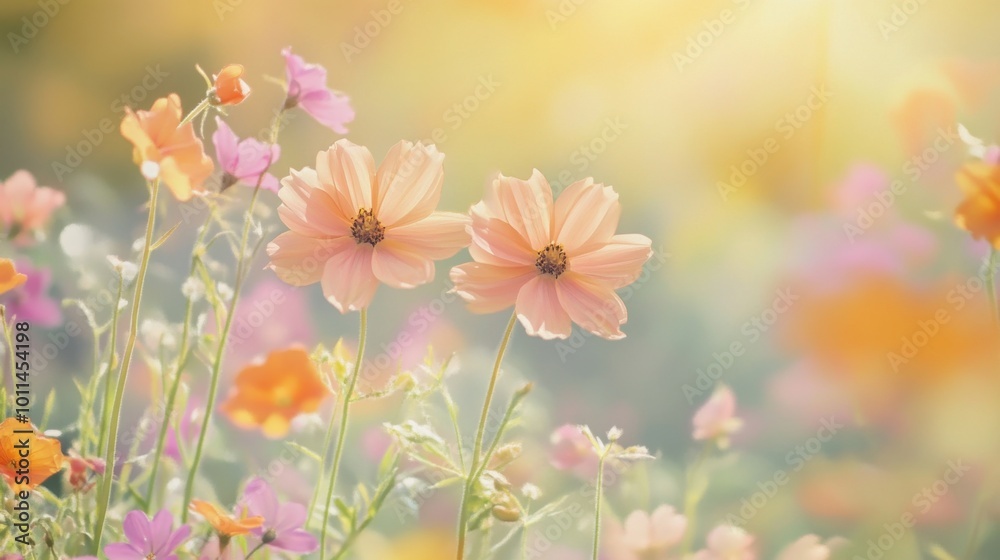 pastel cosmos flowers bloom in a sunlit field, creating a serene and dreamy atmosphere. Perfect for conveying tranquility and the beauty of nature in springtime.