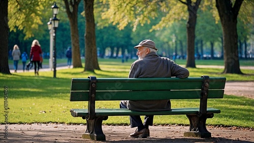 Old thoughtful man sitting on the bench in the green park 