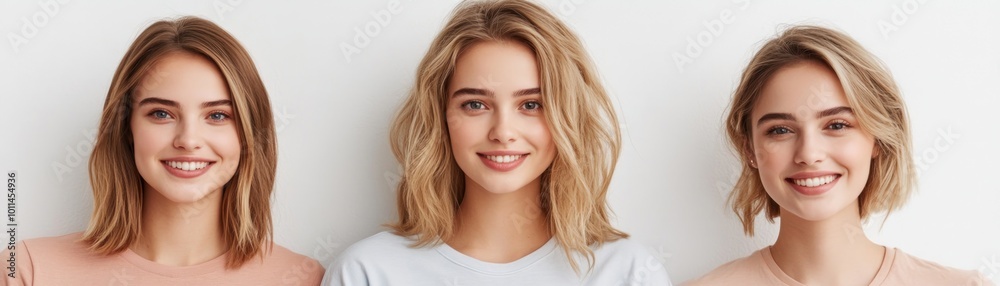 Naklejka premium Studio Shot of Three Women Standing with Casual Outfits, Smiling Faces, White Background, Jeans, T-Shirt, Blonde Hair, Photography, Portrait, Happy, Friends, Together, Posing, Natural Light
