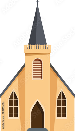Classic church building exterior facade featuring steeple with cross, religious christianity symbol