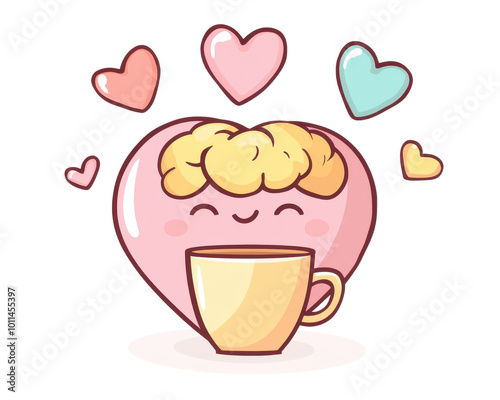 Happy heart character enjoying a cup, colorful hearts around.