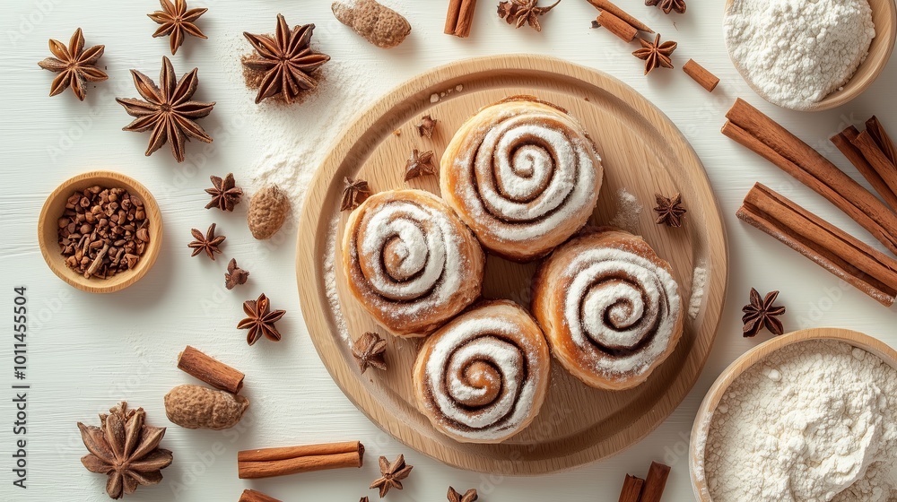 Cinematic photograph of cinnamon rolls, flour, and spices on a white wooden table Cinematic photograph of cinnamon rolls, flour, and spices on a white wooden table