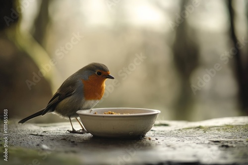 A vibrant robin with an orange breast perches next to a rustic bowl on a stone surface, surrounded by soft-focus natural woodland background, evoking serenity and calmness. photo