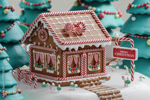 a gingerbread Christmas scene, showcasing a detailed and conceptual illustration,text Merry Christmas