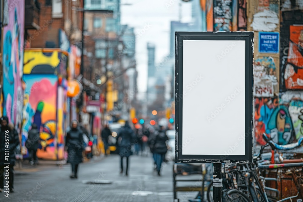 Obraz premium A bustling urban scene showcasing vibrant graffiti-covered walls, bicycles, and a blank billboard on a busy street, blending elements of modern culture and art expression.