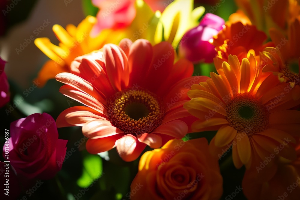 A close-up of a vibrant bouquet showcasing colorful flowers, including pink and orange gerberas, capturing the essence of spring in warm sunlight indoors. A close-up of a vibrant bouquet showcasing colorful flowers, including pink and orange gerberas, capturing the essence of spring in warm sunlight indoors.