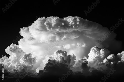 An awe-inspiring view of towering thunderclouds unfolds in a dynamic black-and-white composition, capturing their powerful presence and grand atmospheric layers theatrically. photo