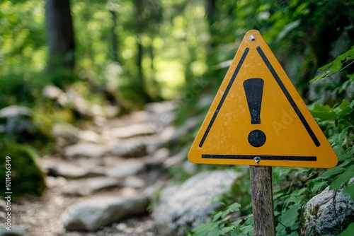 A yellow caution sign with an exclamation mark positioned along a rugged forest trail, warning passersby to proceed carefully on the rocky path ahead.