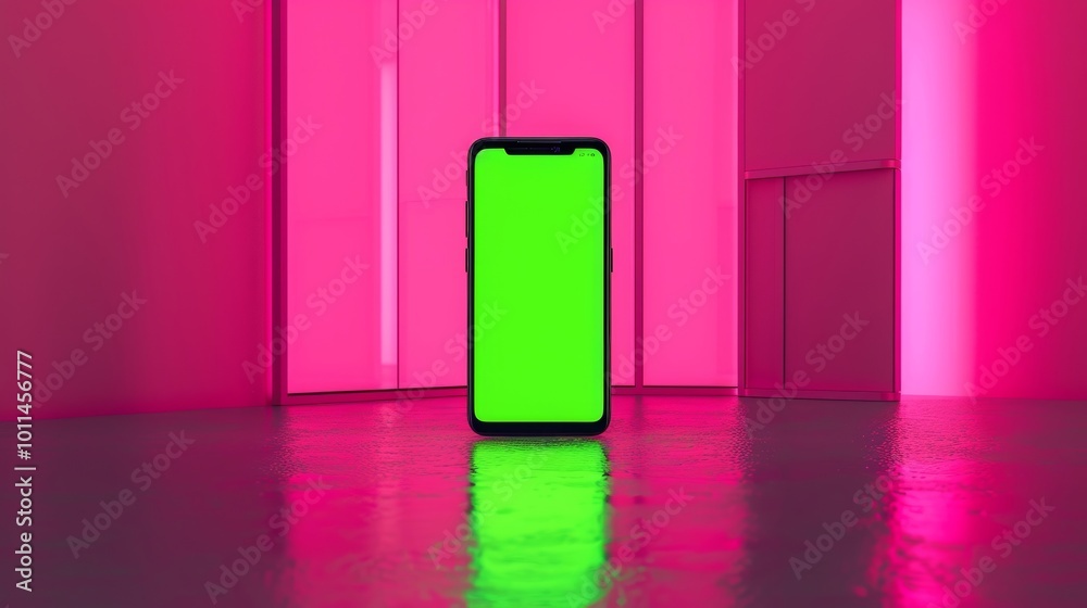 A modern smartphone with a bright green screen stands in a vibrant pink room, highlighting digital creativity and innovation. A modern smartphone with a bright green screen stands in a vibrant pink room, highlighting digital creativity and innovation.