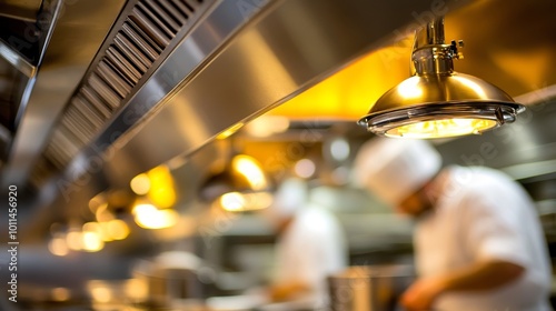 Professional Kitchen Interior with Stainless Steel Hood, Warm Lighting, and Busy Chefs in Background