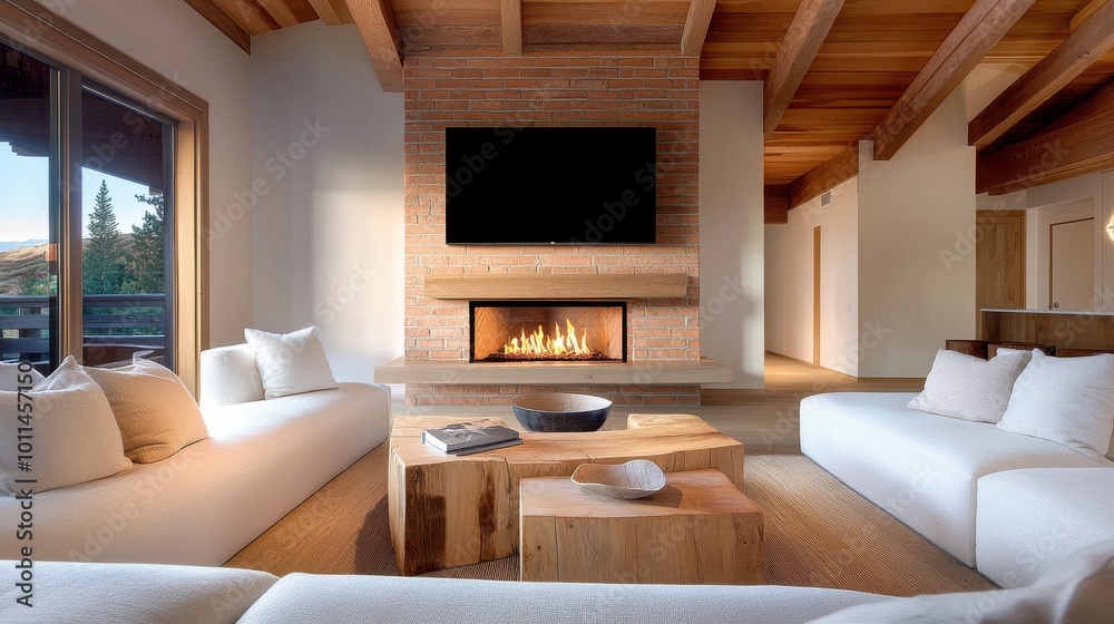 Rustic living room with a TV mounted above a brick fireplace, wooden furniture, and cozy seating, blending warmth with modern entertainment. Rustic living room with a TV mounted above a brick fireplace, wooden furniture, and cozy seating, blending warmth with modern entertainment.